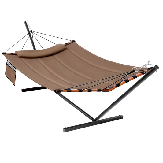 TegerDeger 12FT 2 Person Hammock with Stand Included 55 x 79IN Large Hammock 450LB Capacity with Hardwood Spreader Bar & Nylon Rope for Outside, Patio, Garden, Backyard, Beach, Poolside - Brown