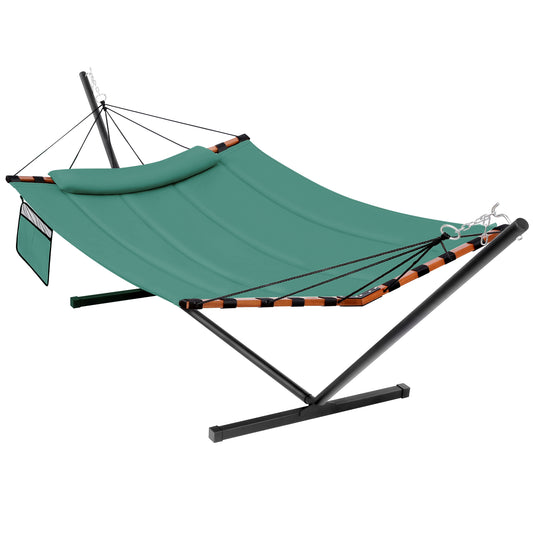 TegerDeger 12FT 2 Person Hammock with Stand Included 55 x 79IN Large Hammock 450LB Capacity with Hardwood Spreader Bar & Nylon Rope for Outside, Patio, Garden, Backyard, Beach, Poolside - Lake Blue