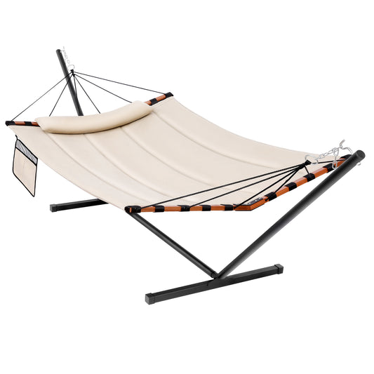 TegerDeger 12FT 2 Person Hammock with Stand Included 55 x 79IN Large Hammock 450LB Capacity with Hardwood Spreader Bar & Nylon Rope for Outside, Patio, Garden, Backyard, Beach, Poolside - Beige