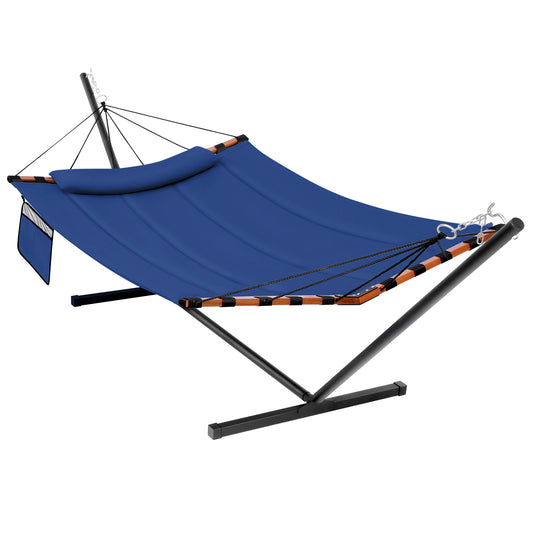 TegerDeger 12FT 2 Person Hammock with Stand Included 55 x 79IN Large Hammock 450LB Capacity with Hardwood Spreader Bar & Nylon Rope for Outside, Patio, Garden, Backyard, Beach, Poolside - Blue