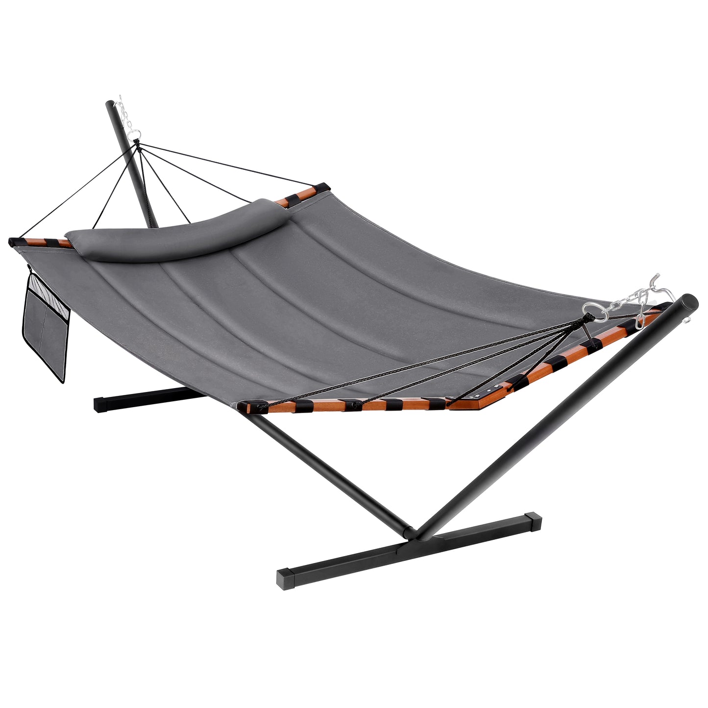 TegerDeger 12FT 2 Person Hammock with Stand Included 55 x 79IN Large Hammock 450LB Capacity with Hardwood Spreader Bar & Nylon Rope for Outside, Patio, Garden, Backyard, Beach, Poolside - Gray