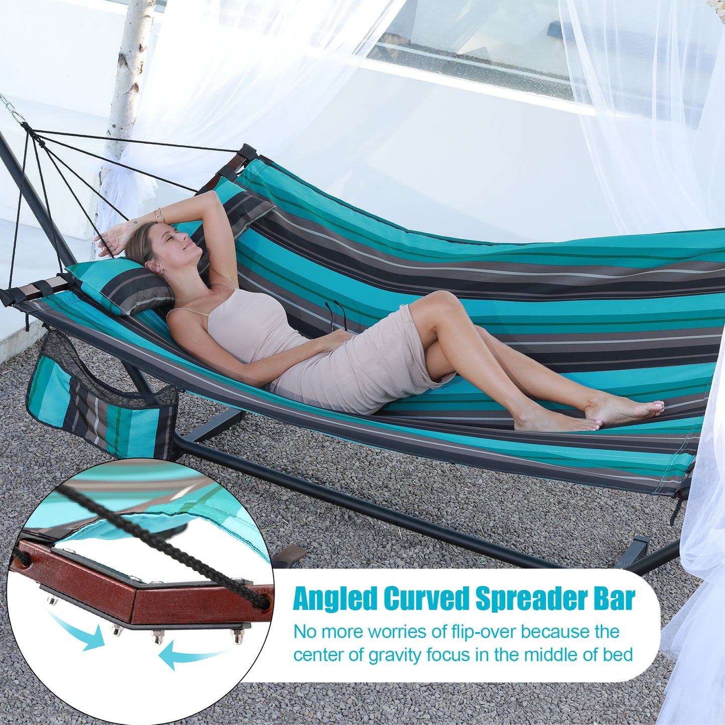 12FT 2 Person Hammock Large Hammock 450LB Capacity with V Shaped Hardwood Spreader Bar & Nylon Rope for Outside, Patio, Garden, Backyard, Beach, Poolside - Teal Stripes