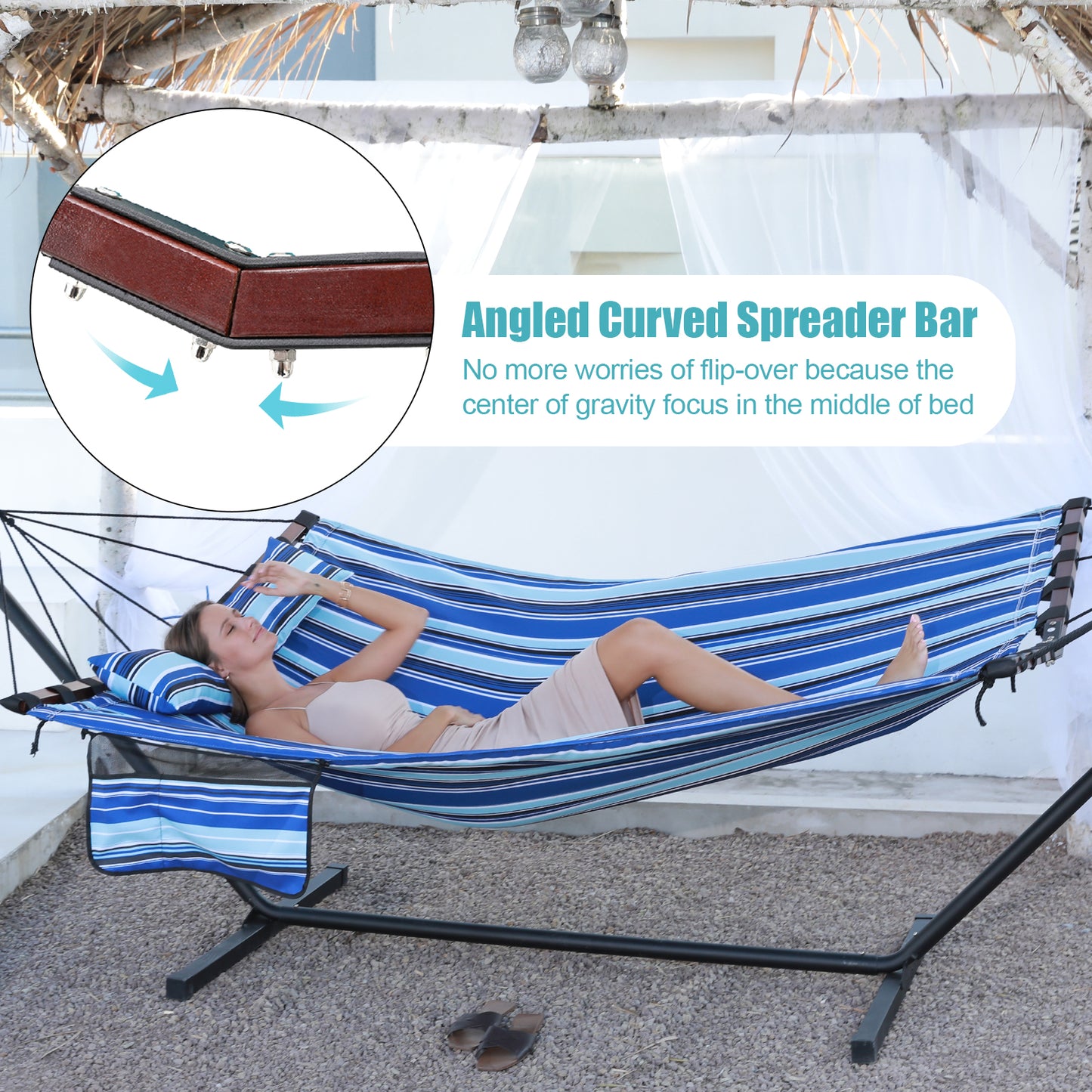 12FT 2 Person Hammock Large Hammock 450LB Capacity with V Shaped Hardwood Spreader Bar & Nylon Rope for Outside, Patio, Garden, Backyard, Beach, Poolside - Blue Stripes