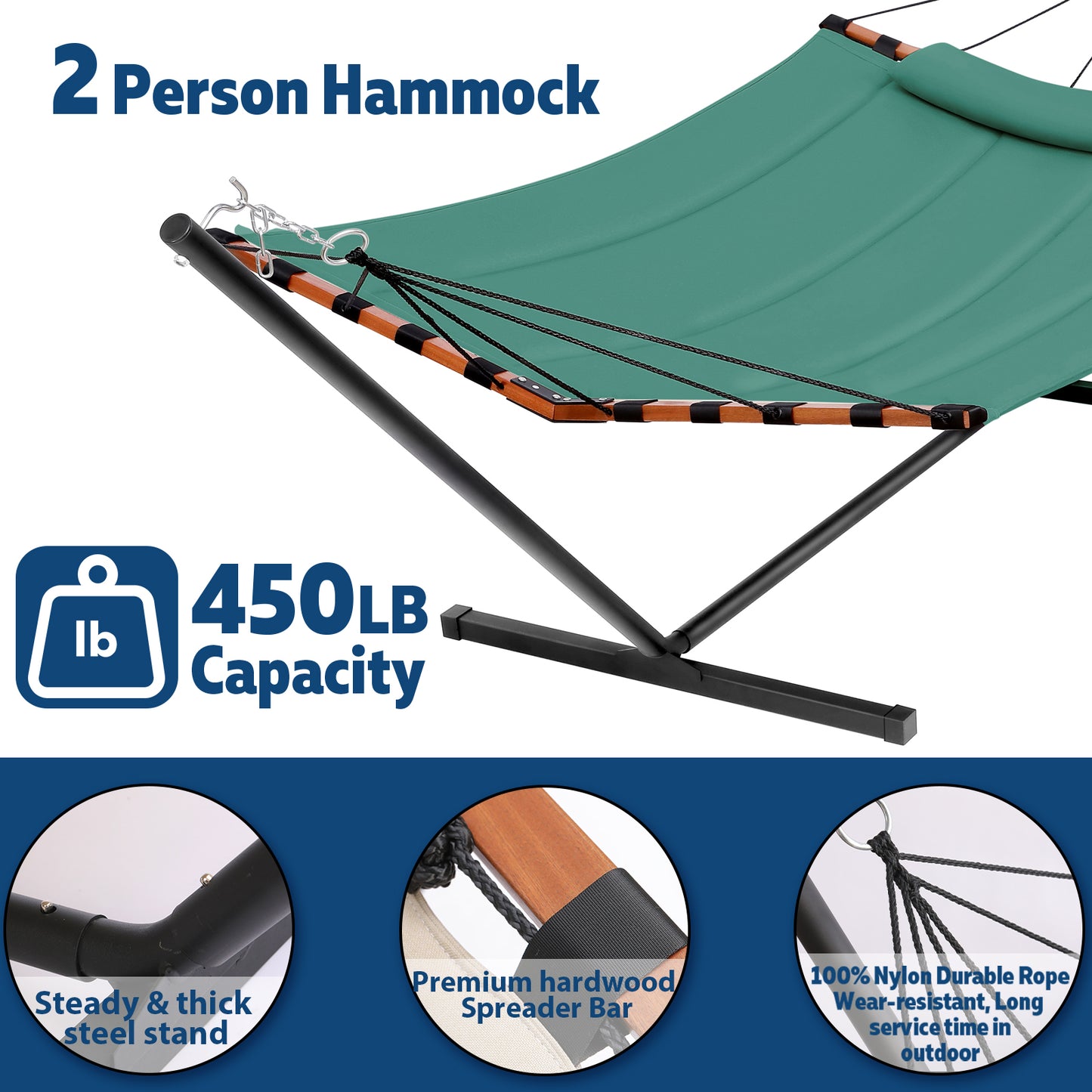 TegerDeger 12FT 2 Person Hammock with Stand Included 55 x 79IN Large Hammock 450LB Capacity with Hardwood Spreader Bar & Nylon Rope for Outside, Patio, Garden, Backyard, Beach, Poolside - Lake Blue