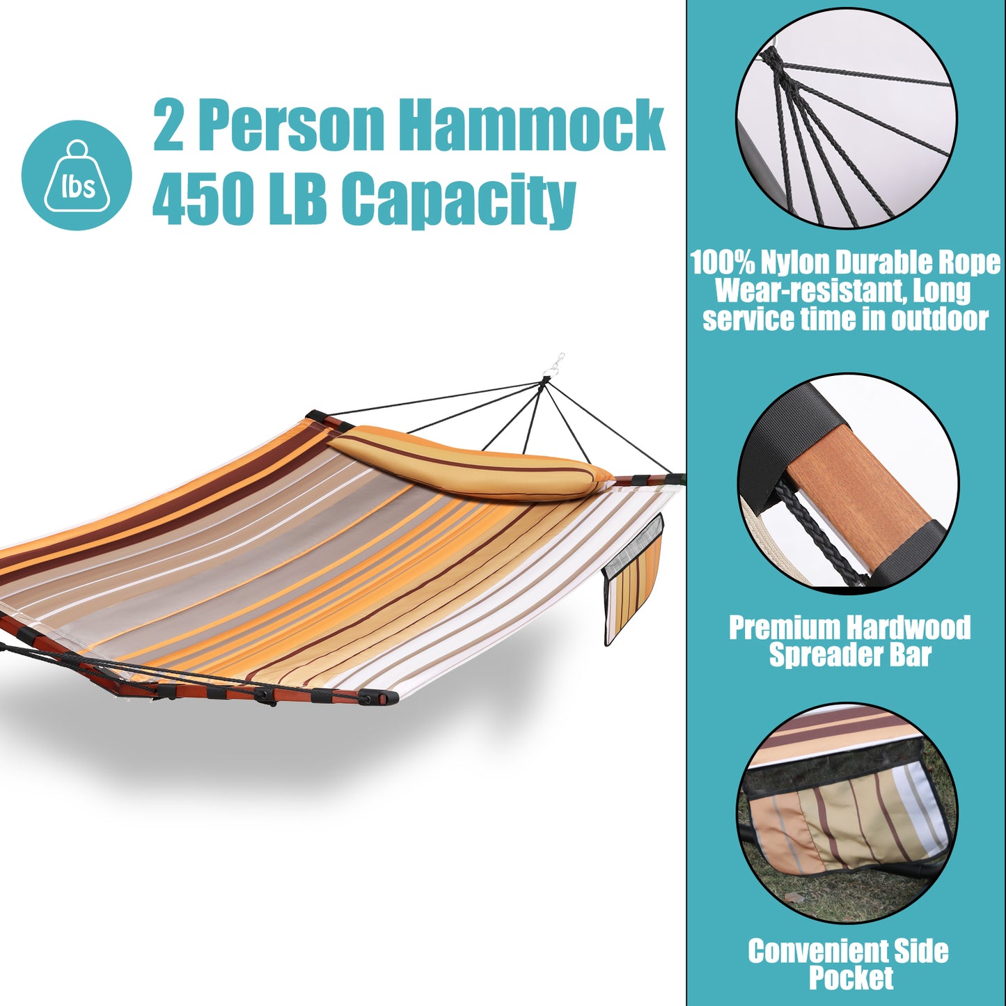 12FT 2 Person Hammock Large Hammock 450LB Capacity with V Shaped Hardwood Spreader Bar & Nylon Rope for Outside, Patio, Garden, Backyard, Beach, Poolside - Fall Yellow Stripes