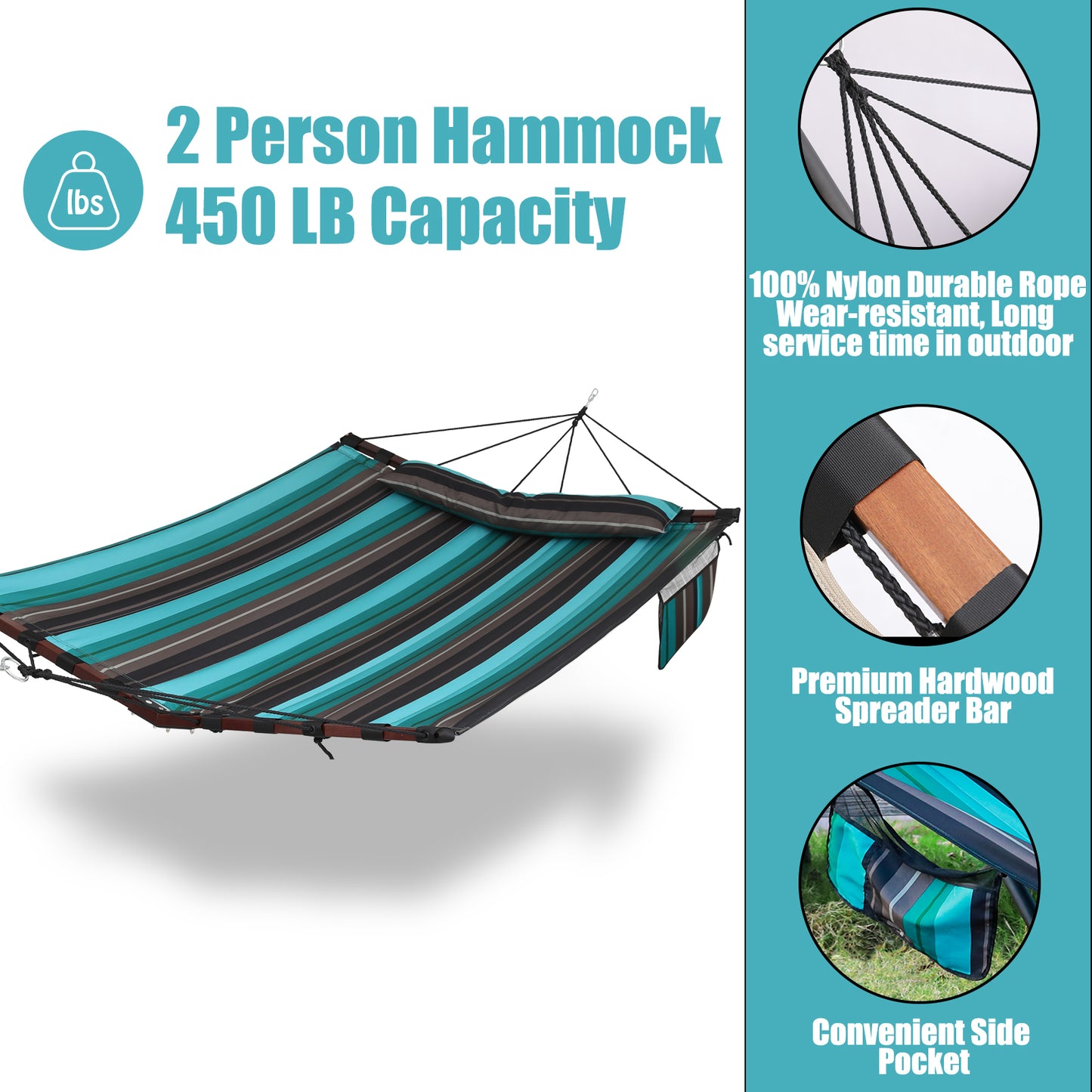 12FT 2 Person Hammock Large Hammock 450LB Capacity with V Shaped Hardwood Spreader Bar & Nylon Rope for Outside, Patio, Garden, Backyard, Beach, Poolside - Teal Stripes