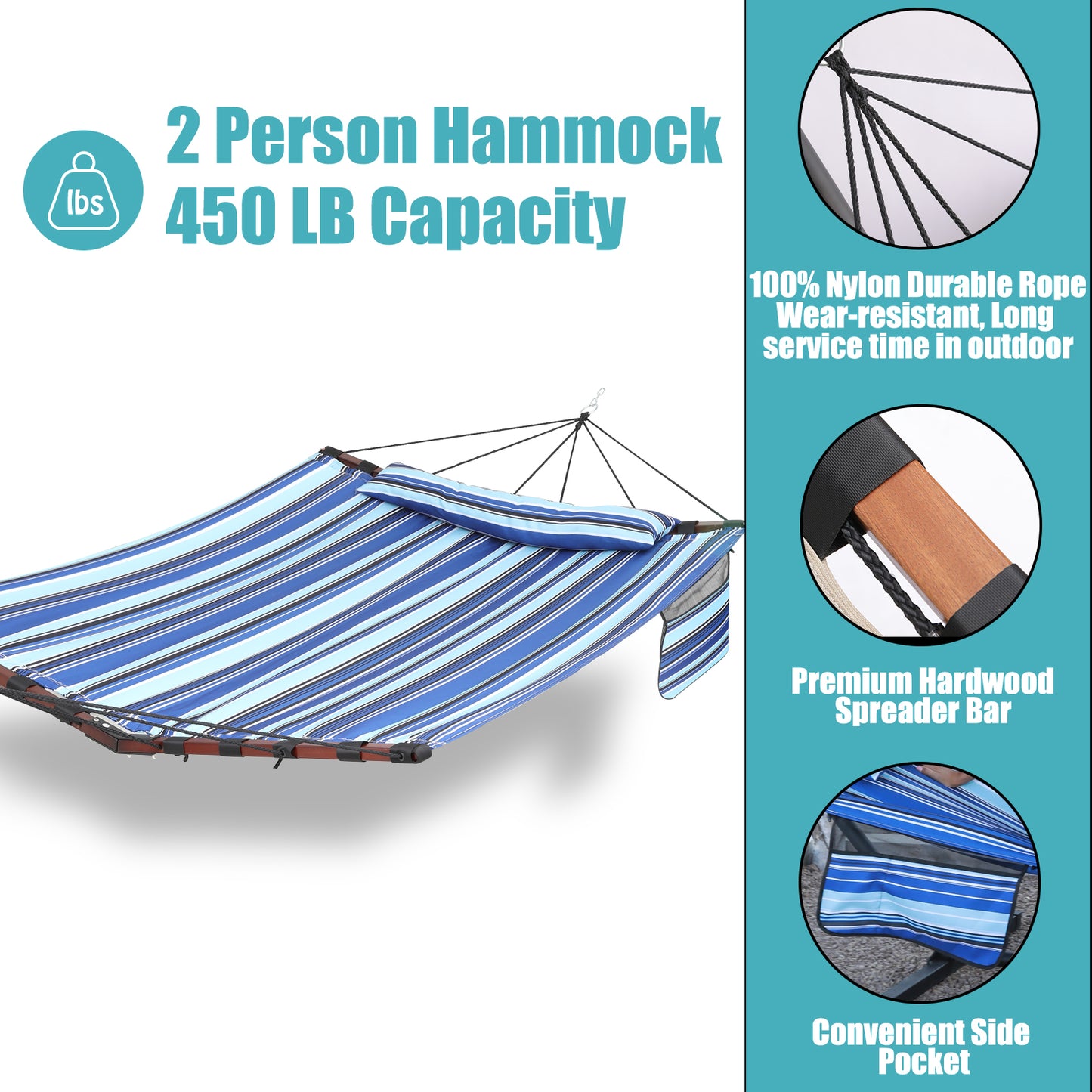 12FT 2 Person Hammock Large Hammock 450LB Capacity with V Shaped Hardwood Spreader Bar & Nylon Rope for Outside, Patio, Garden, Backyard, Beach, Poolside - Blue Stripes