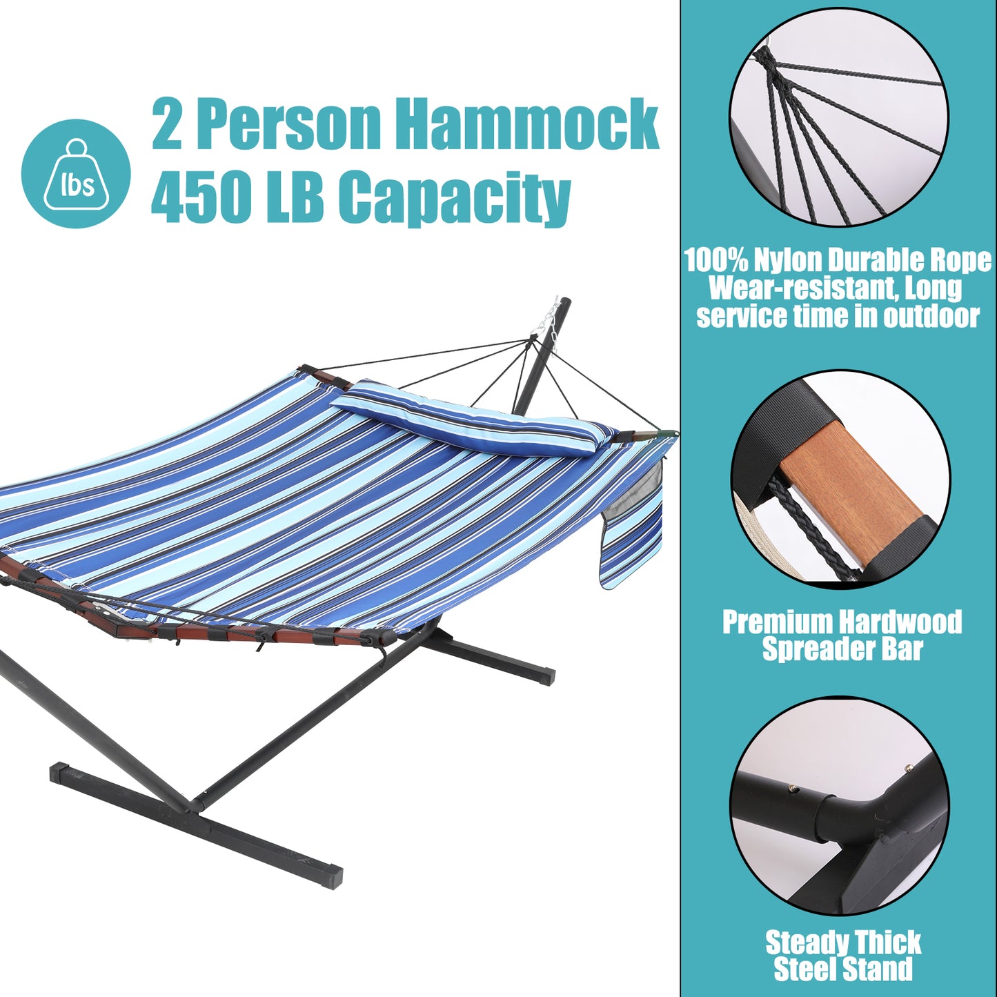 12FT 2 Person Hammock with Stand Included 55 x 79IN Large Hammock 450LB Capacity with V Shaped Hardwood Spreader Bar & Nylon Rope for Outside, Patio, Garden, Backyard, Beach - Blue Stripes