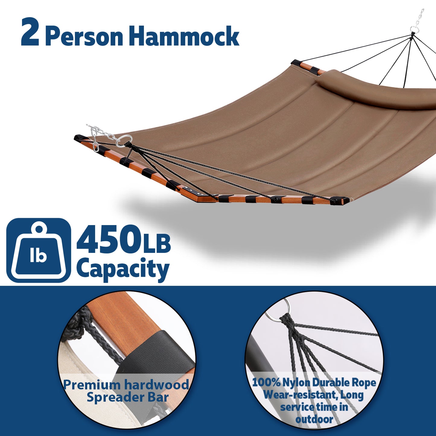 TegerDeger 12FT 2 Person Hammock Large Hammock 450LB Capacity with V Shaped Hardwood Spreader Bar & Nylon Rope for Outside, Patio, Garden, Backyard, Beach, Poolside - Brown