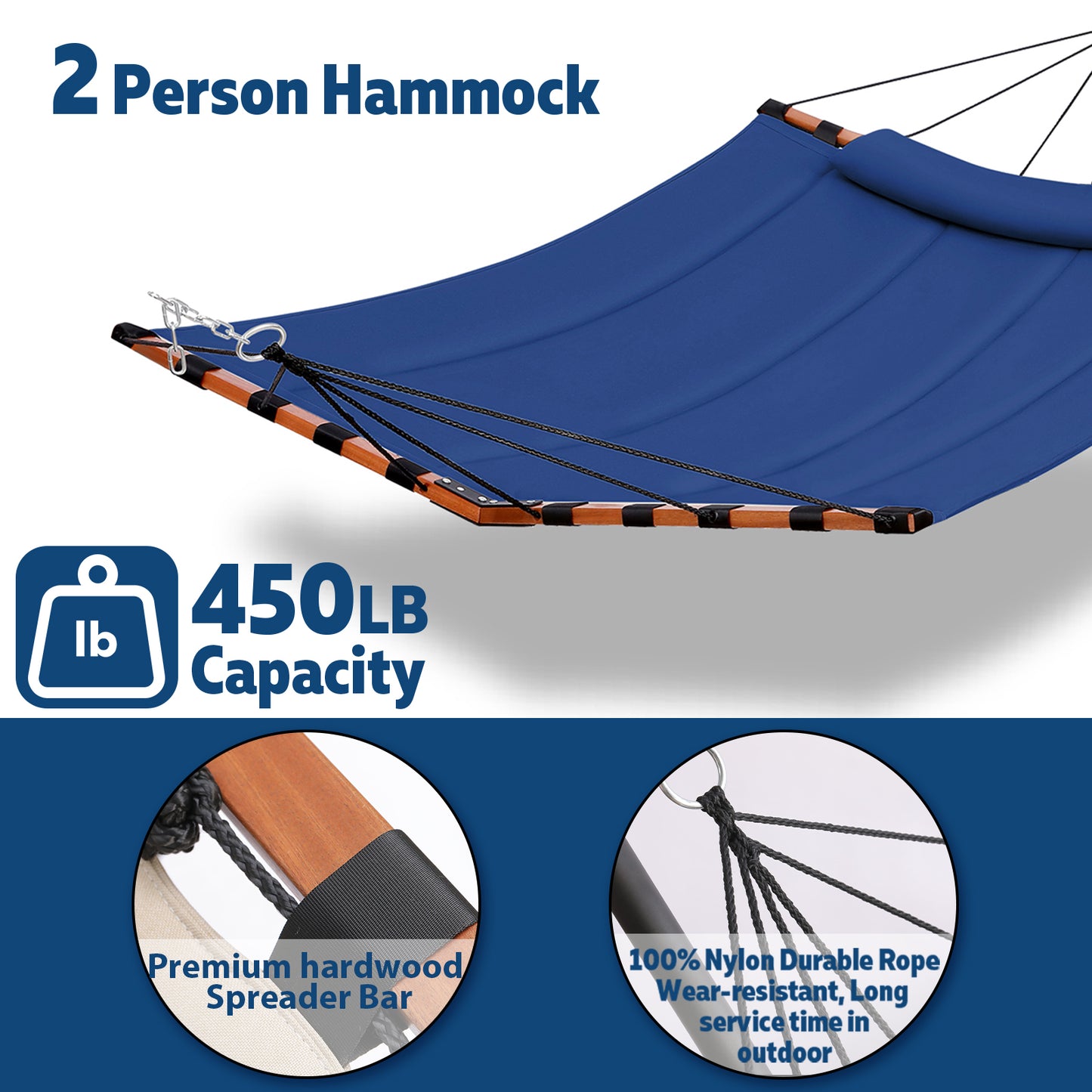 TegerDeger 12FT 2 Person Hammock Large Hammock 450LB Capacity with V Shaped Hardwood Spreader Bar & Nylon Rope for Outside, Patio, Garden, Backyard, Beach, Poolside - Blue