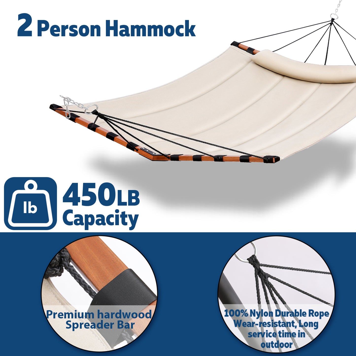 TegerDeger 12FT 2 Person Hammock Large Hammock 450LB Capacity with V Shaped Hardwood Spreader Bar & Nylon Rope for Outside, Patio, Garden, Backyard, Beach, Poolside - Beige