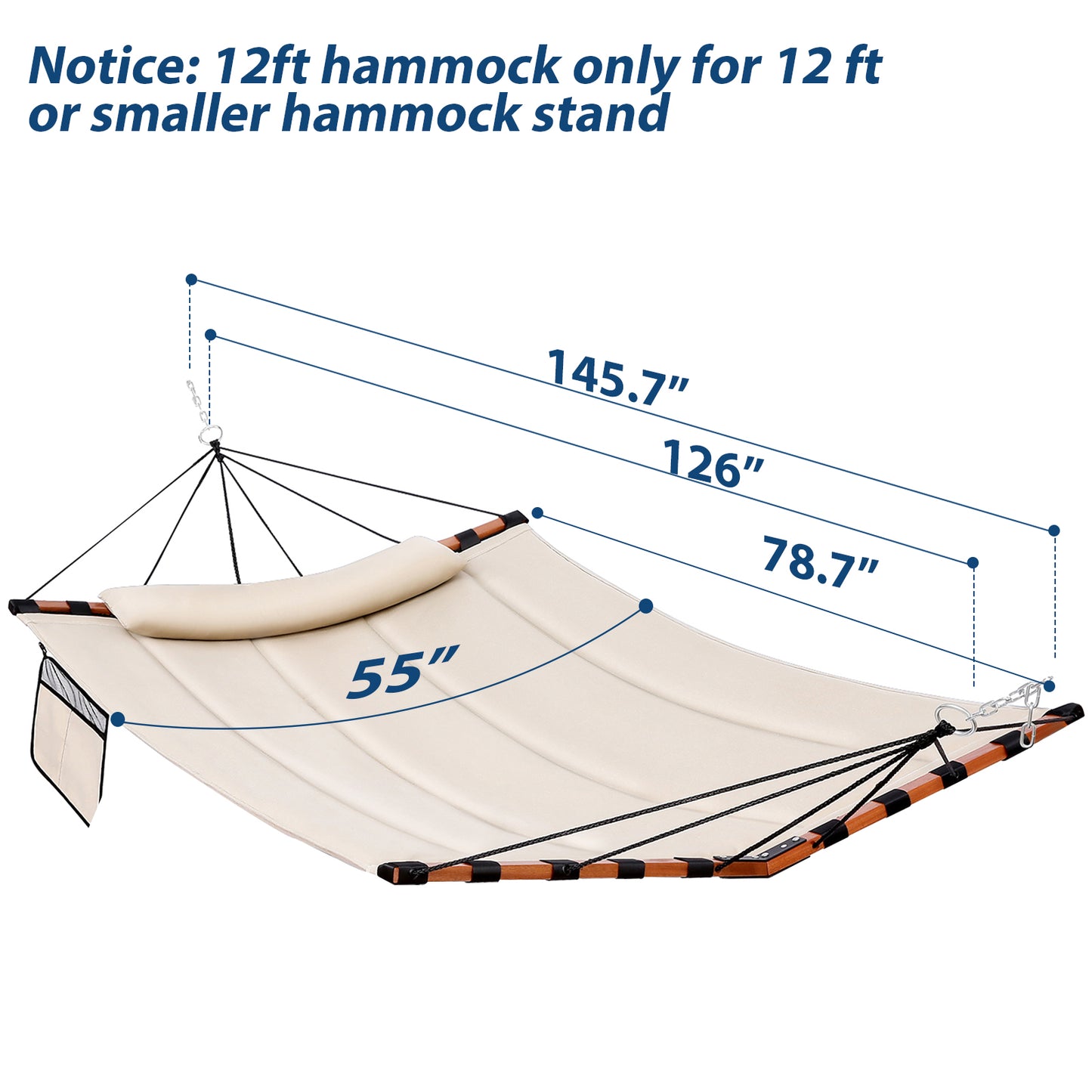 TegerDeger 12FT 2 Person Hammock Large Hammock 450LB Capacity with V Shaped Hardwood Spreader Bar & Nylon Rope for Outside, Patio, Garden, Backyard, Beach, Poolside - Beige