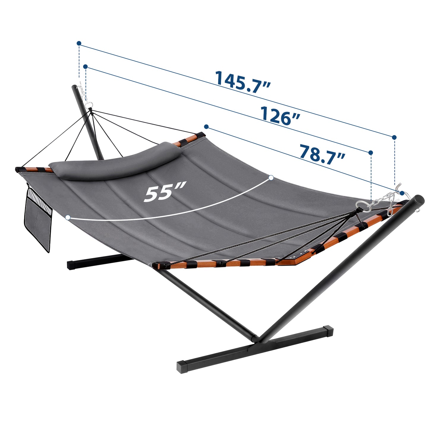 TegerDeger 12FT 2 Person Hammock with Stand Included 55 x 79IN Large Hammock 450LB Capacity with Hardwood Spreader Bar & Nylon Rope for Outside, Patio, Garden, Backyard, Beach, Poolside - Gray