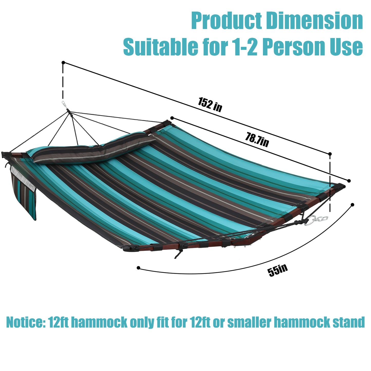 12FT 2 Person Hammock Large Hammock 450LB Capacity with V Shaped Hardwood Spreader Bar & Nylon Rope for Outside, Patio, Garden, Backyard, Beach, Poolside - Teal Stripes