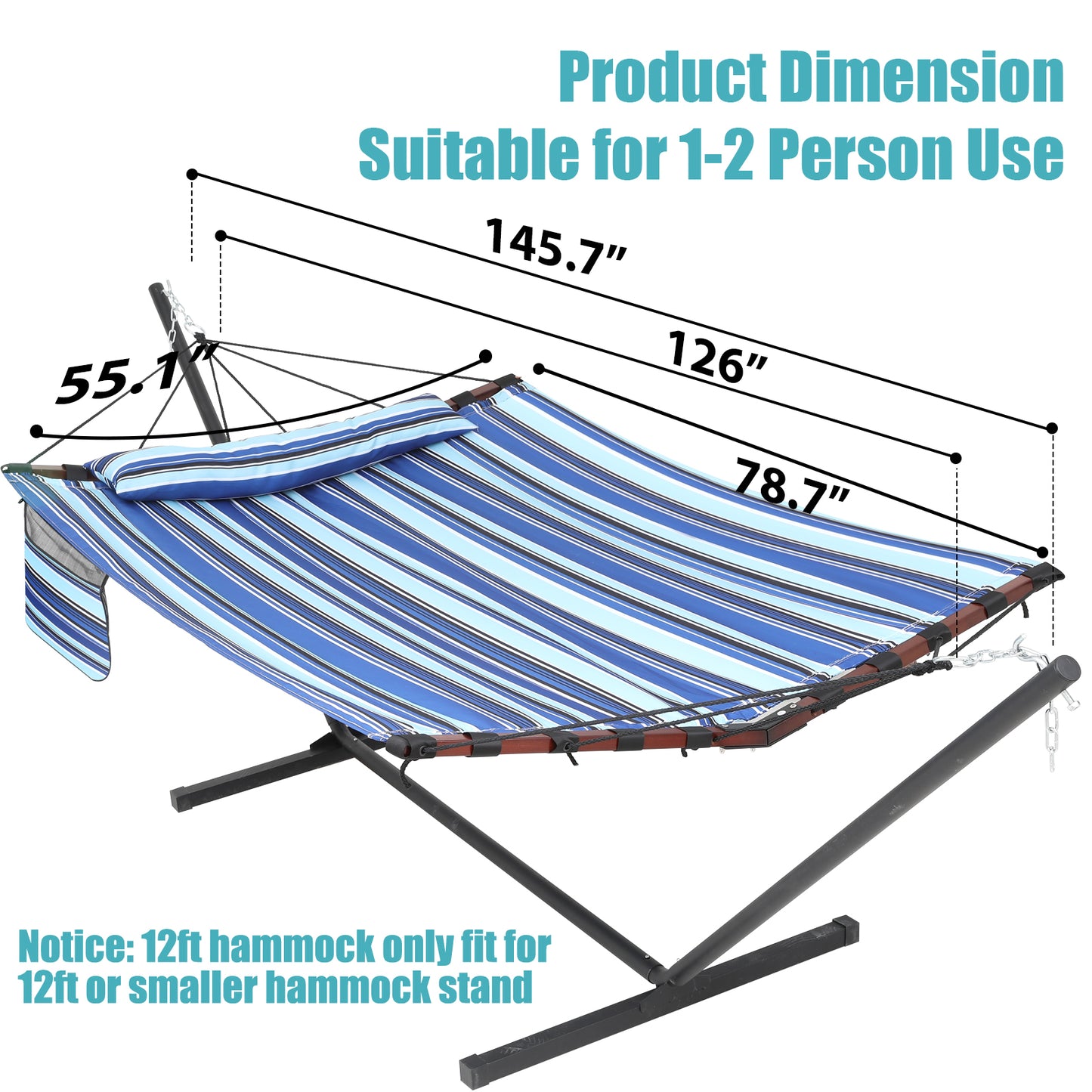 12FT 2 Person Hammock with Stand Included 55 x 79IN Large Hammock 450LB Capacity with V Shaped Hardwood Spreader Bar & Nylon Rope for Outside, Patio, Garden, Backyard, Beach - Blue Stripes