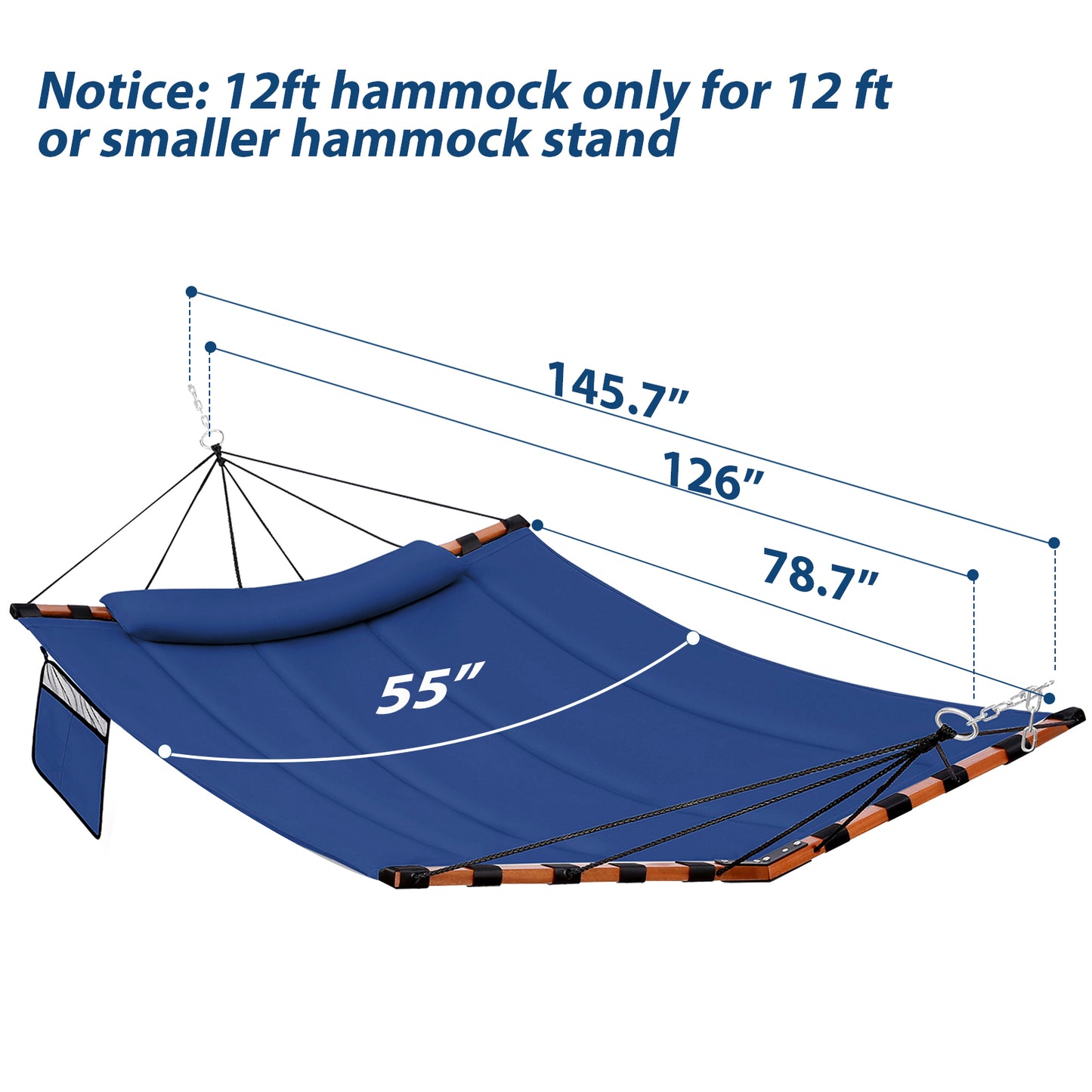 TegerDeger 12FT 2 Person Hammock Large Hammock 450LB Capacity with V Shaped Hardwood Spreader Bar & Nylon Rope for Outside, Patio, Garden, Backyard, Beach, Poolside - Blue