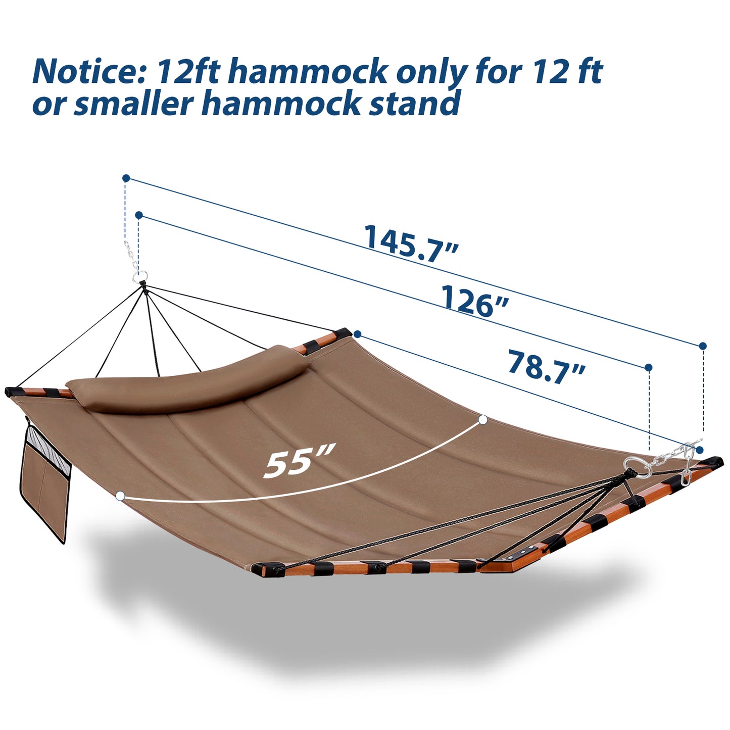 TegerDeger 12FT 2 Person Hammock Large Hammock 450LB Capacity with V Shaped Hardwood Spreader Bar & Nylon Rope for Outside, Patio, Garden, Backyard, Beach, Poolside - Brown