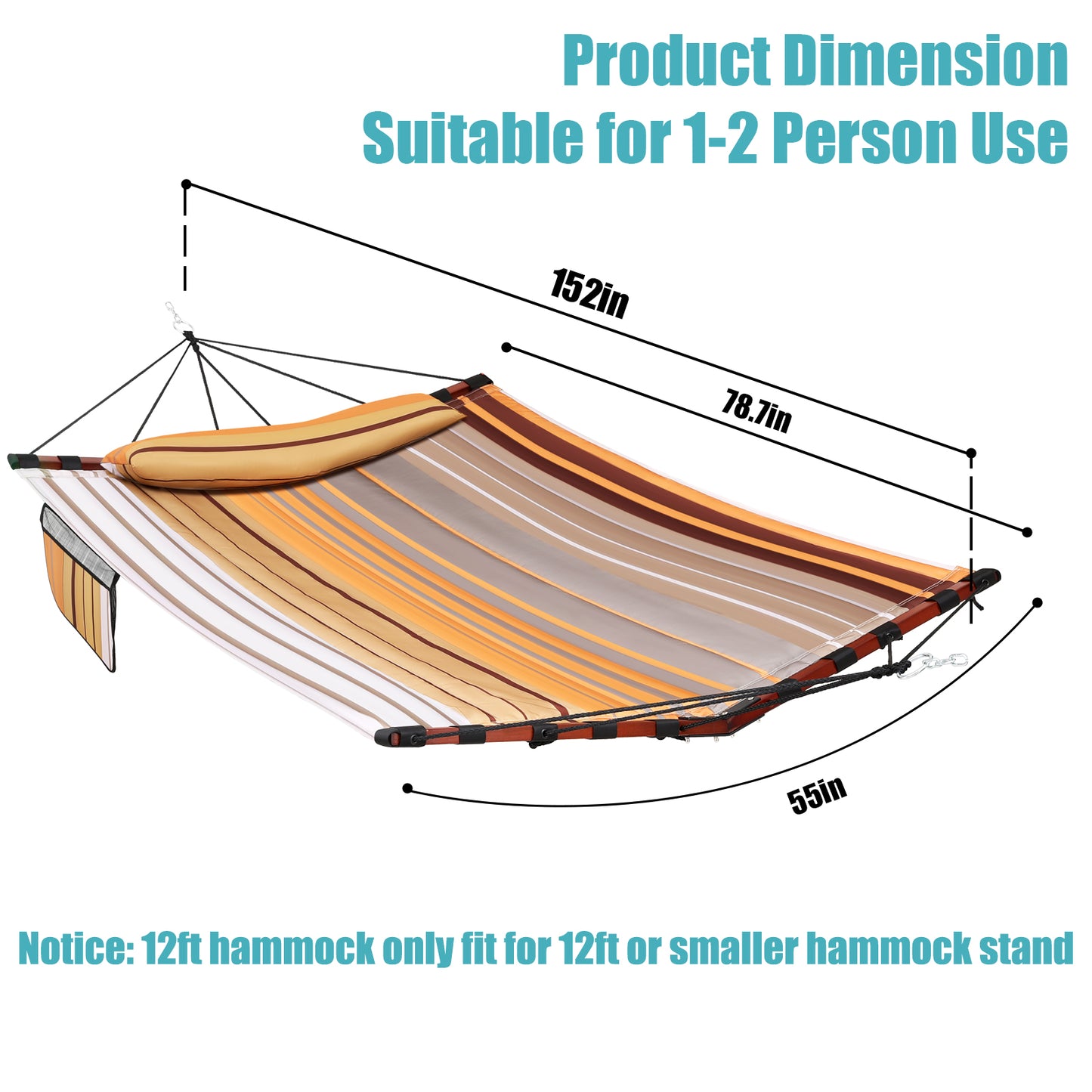 12FT 2 Person Hammock Large Hammock 450LB Capacity with V Shaped Hardwood Spreader Bar & Nylon Rope for Outside, Patio, Garden, Backyard, Beach, Poolside - Fall Yellow Stripes