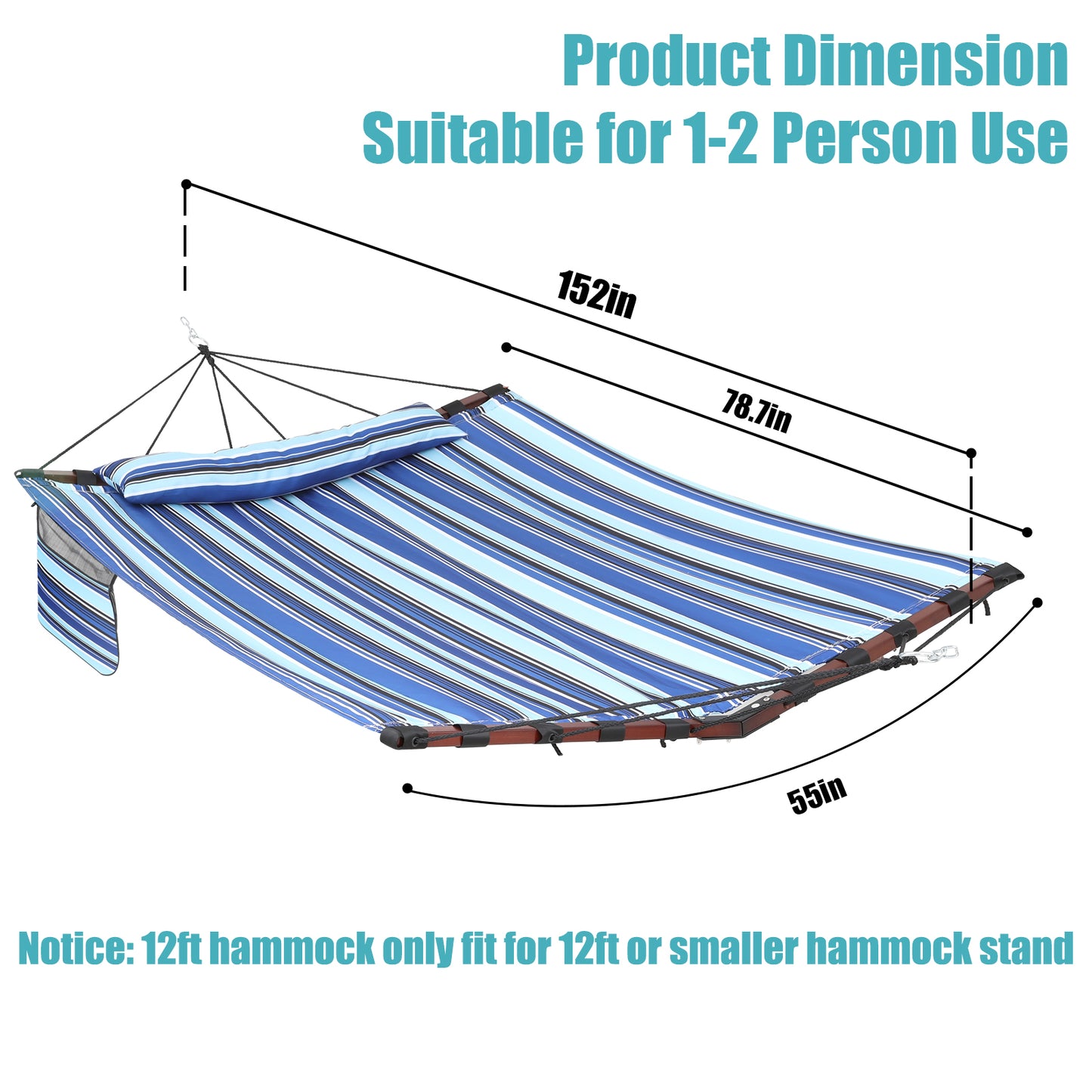 12FT 2 Person Hammock Large Hammock 450LB Capacity with V Shaped Hardwood Spreader Bar & Nylon Rope for Outside, Patio, Garden, Backyard, Beach, Poolside - Blue Stripes