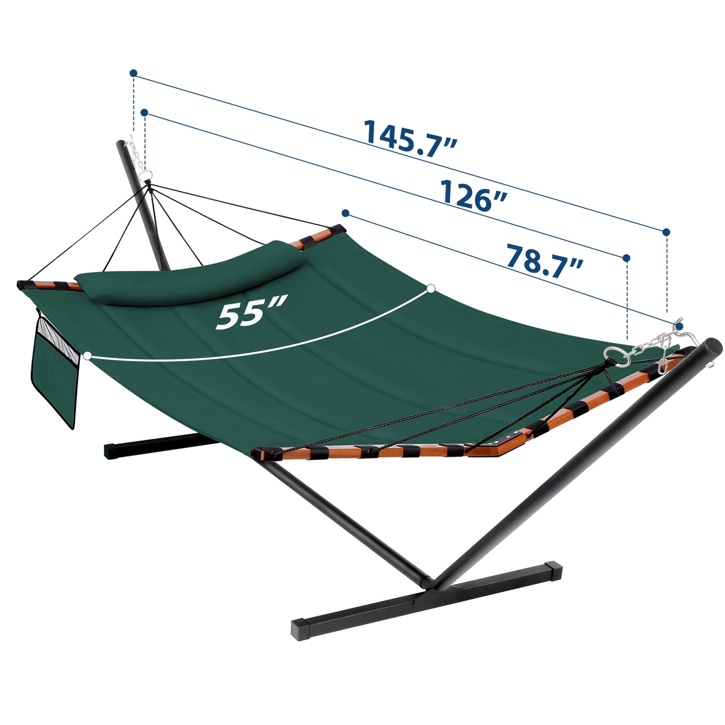 TegerDeger 12FT 2 Person Hammock with Stand Included 55 x 79IN Large Hammock 450LB Capacity with Hardwood Spreader Bar & Nylon Rope for Outside, Patio, Garden, Backyard, Beach, Poolside - Dark Green