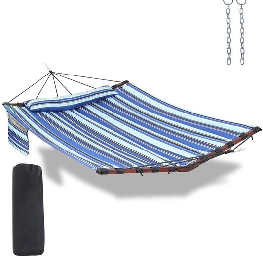 12FT 2 Person Hammock Large Hammock 450LB Capacity with V Shaped Hardwood Spreader Bar & Nylon Rope for Outside, Patio, Garden, Backyard, Beach, Poolside - Blue Stripes