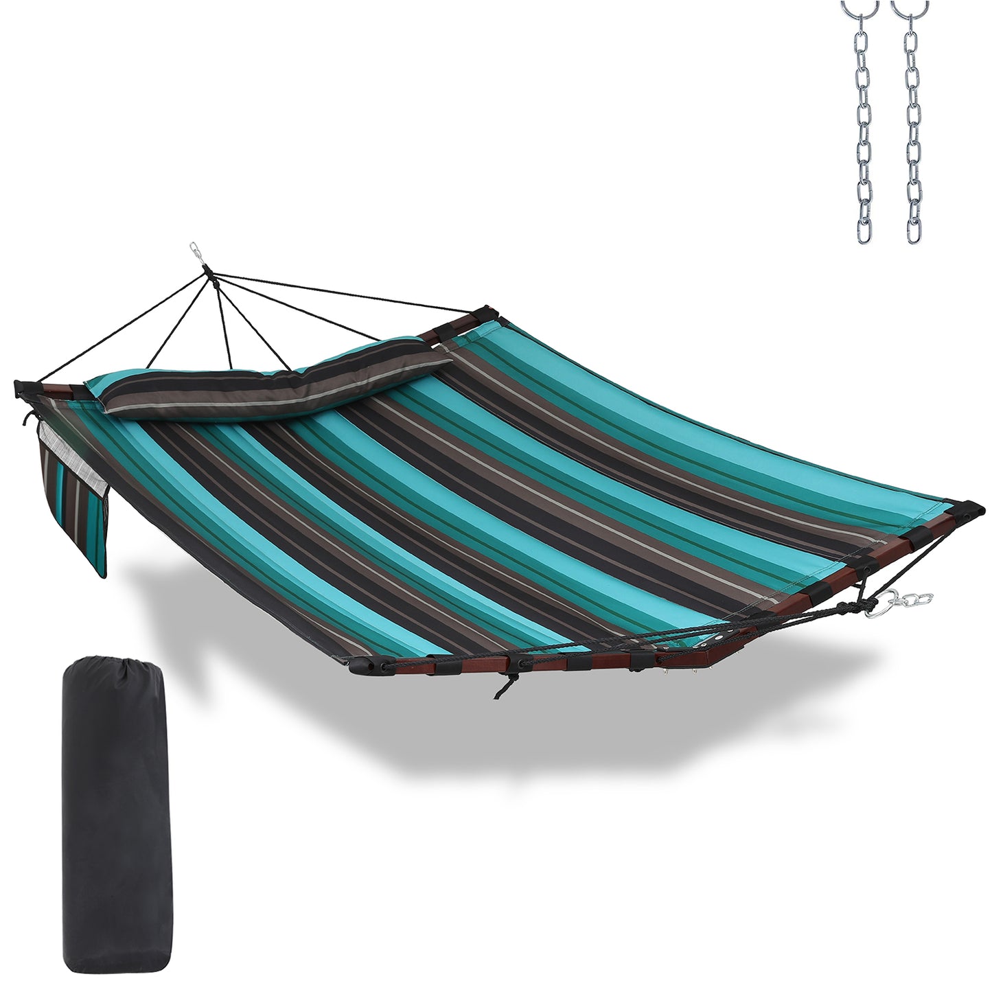 12FT 2 Person Hammock Large Hammock 450LB Capacity with V Shaped Hardwood Spreader Bar & Nylon Rope for Outside, Patio, Garden, Backyard, Beach, Poolside - Teal Stripes