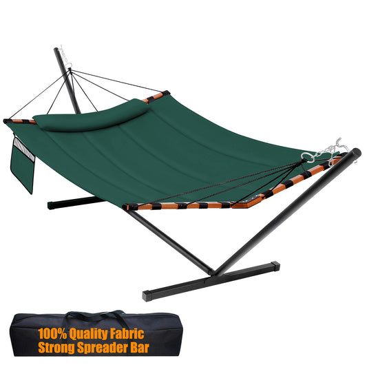 TegerDeger 12FT 2 Person Hammock with Stand Included 55 x 79IN Large Hammock 450LB Capacity with Hardwood Spreader Bar & Nylon Rope for Outside, Patio, Garden, Backyard, Beach, Poolside - Dark Green